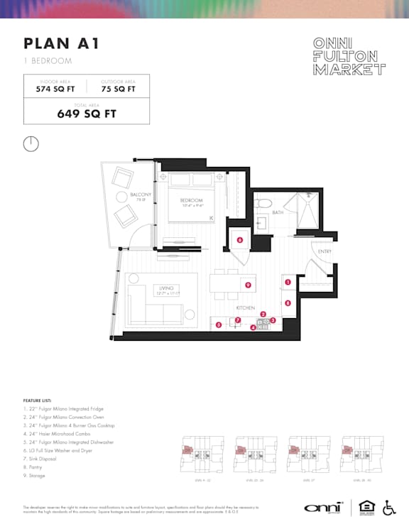 One bedroom one bathroom floorplan with balcony at Onni Fulton Market Apartments, Chicago, IL