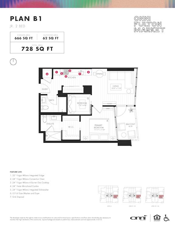 One bed one bathroom floorplan with balcony at Onni Fulton Market Apartments, Chicago