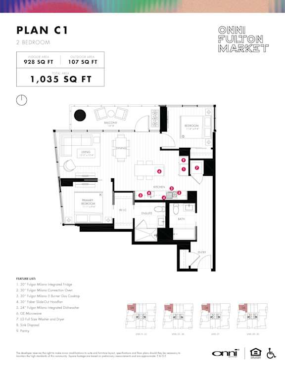 2 bed two bathroom floorplan with balcony at Onni Fulton Market Apartments, Chicago, IL