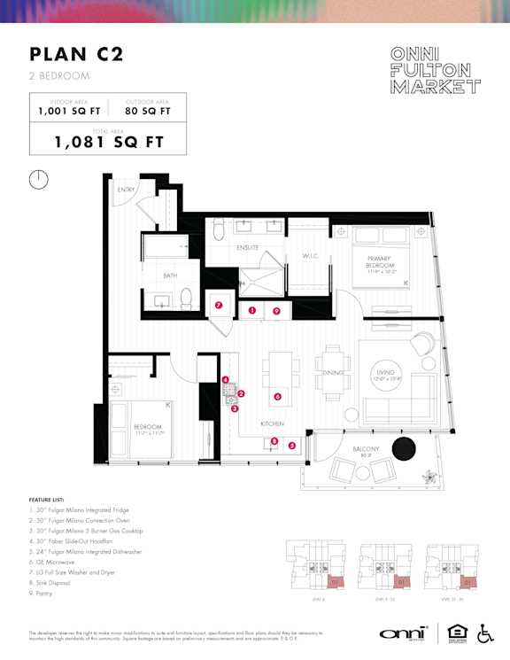 Two bedroom 2 bathroom floorplan with balcony at Onni Fulton Market Apartments, Chicago, 60661