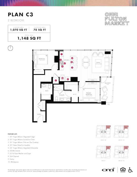 2 bed 2 bath floorplan with balcony at Onni Fulton Market Apartments, Chicago, Illinois