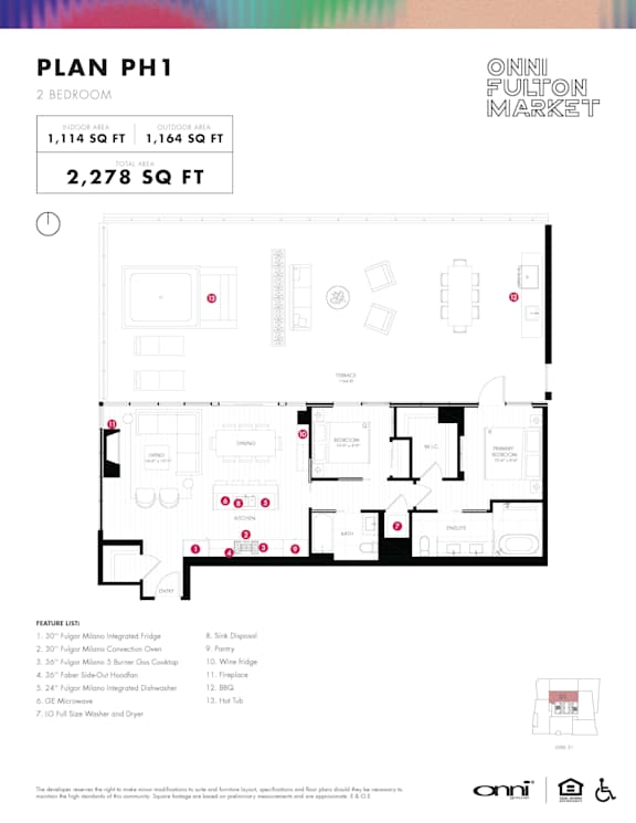 Two bedroom two bath penthouse floorplan with balcony at Onni Fulton Market Apartments, Chicago, IL