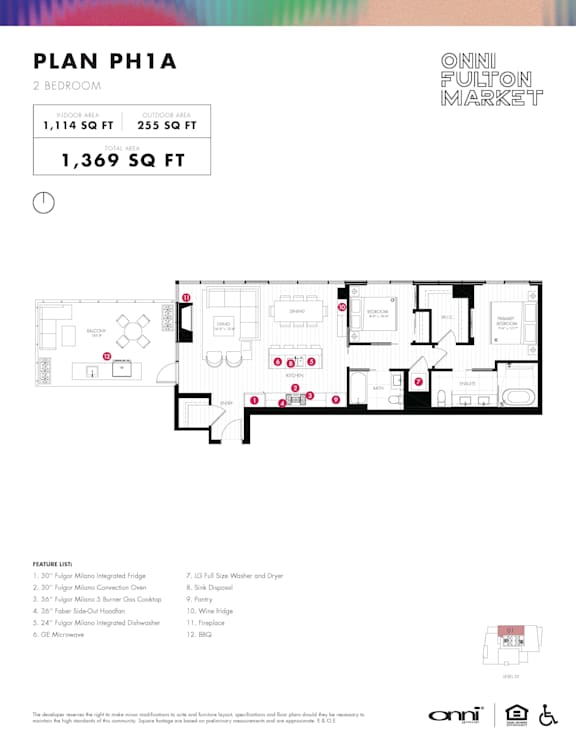 Two bed two bath penthouse floorplan with balcony at Onni Fulton Market Apartments, Chicago, 60661