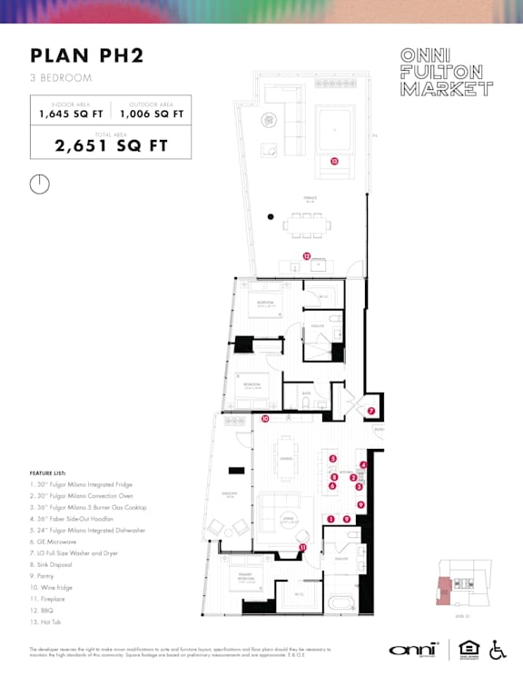 3 bedroom 3 bathroom penthouse floorplan with balcony at Onni Fulton Market Apartments, Chicago, Illinois