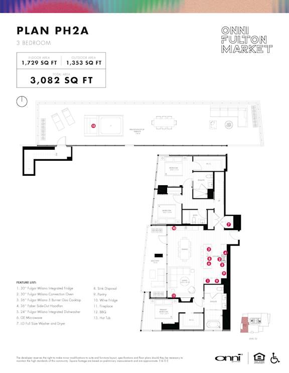 3 bed 3 bath penthouse floorplan with walk-in closet at Onni Fulton Market Apartments, Chicago