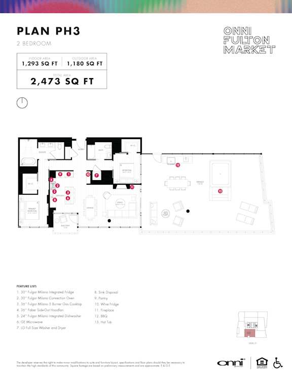 Two bedroom 2 bath penthouse floorplan with balcony at Onni Fulton Market Apartments, Illinois