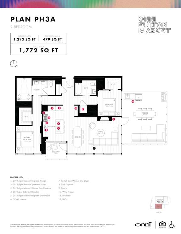 Two bed two bathroom penthouse floorplan with walk-in closet at Onni Fulton Market Apartments, Illinois, 60661