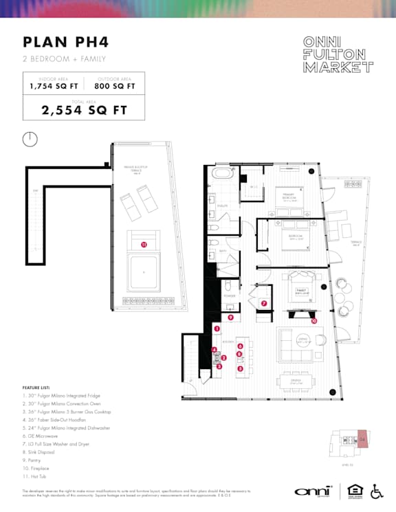 Three bedroom two bath penthouse floorplan with balcony at Onni Fulton Market Apartments, Illinois, 60661