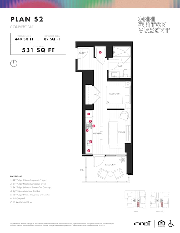 1 bedroom one bathroom floorplan with balcony at Onni Fulton Market Apartments, Chicago, IL 60661