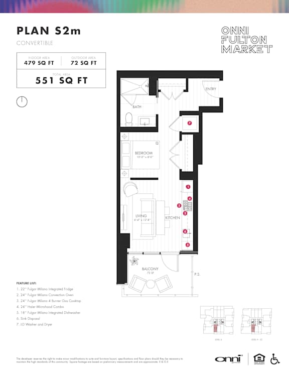1 bed one bath floorplan with balcony at Onni Fulton Market Apartments, Chicago, IL