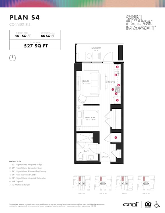 Convertible floor plan with balcony at Onni Fulton Market Apartments, Chicago, Illinois