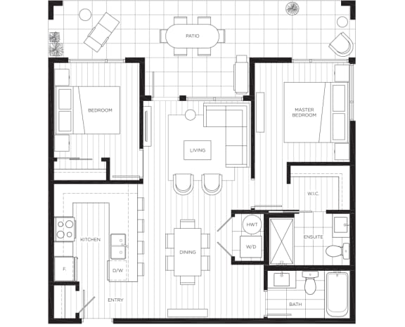 a floor plan of a modern apartment with a bedroom and a living room