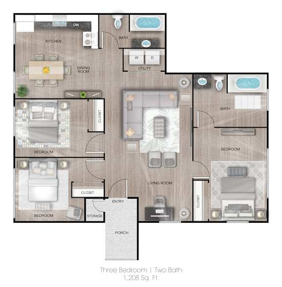3Bed 2Bath Floor Plan at The Hamptons Apartments, Mesa, AZ, 85204