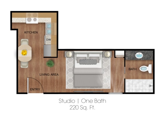 a floor plan of studio one bath 220 sq. ft
