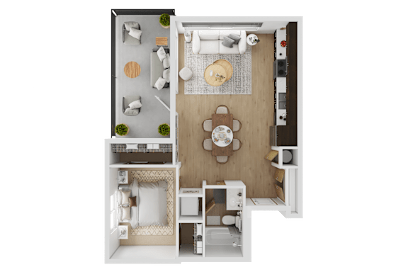 A top-down view of a small apartment with a living room, kitchen, and bedroom  at Spyglass Hill Apartments, Bremerton, 98337