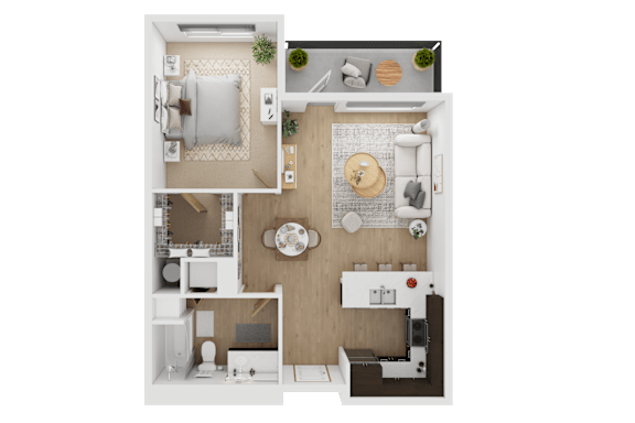 A top-down view of a small apartment layout with a kitchen, living room, and bedroom  at Spyglass Hill Apartments, Bremerton, 98337