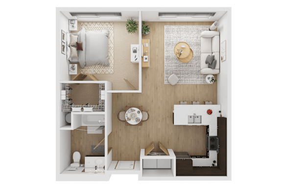 A top-down view of a small apartment with a kitchen, living room, and bathroom  at Spyglass Hill Apartments, Bremerton, 98337