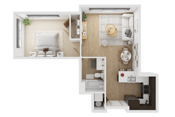 A top-down view of a small, neatly organized apartment with a bedroom, bathroom, and kitchen  at Spyglass Hill Apartments, Bremerton, 98337