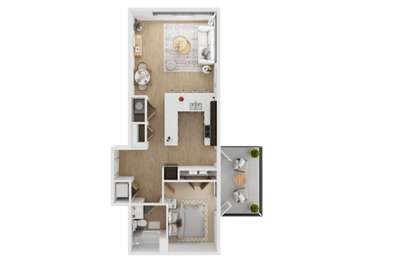 A floor plan of a house with a kitchen, living room, and two bedrooms  at Spyglass Hill Apartments, Bremerton, 98337