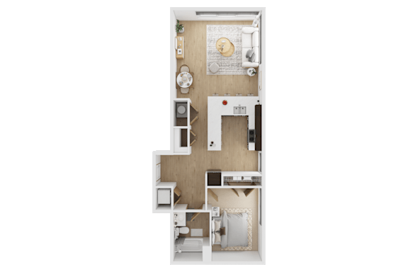 A top-down view of a small apartment with a kitchen, living room, and bedroom  at Spyglass Hill Apartments, Bremerton, 98337