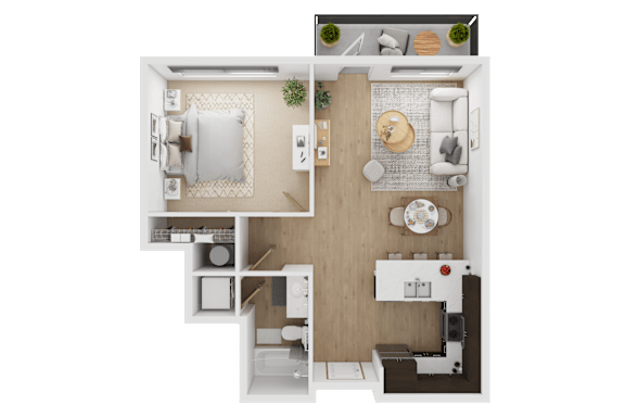 A top-down view of a small, neatly organized apartment with a kitchen, living room, and bedroom  at Spyglass Hill Apartments, Bremerton, 98337