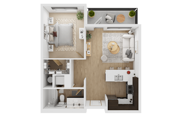 A top-down view of a small apartment with a kitchen, living room, and bedroom  at Spyglass Hill Apartments, Bremerton, 98337