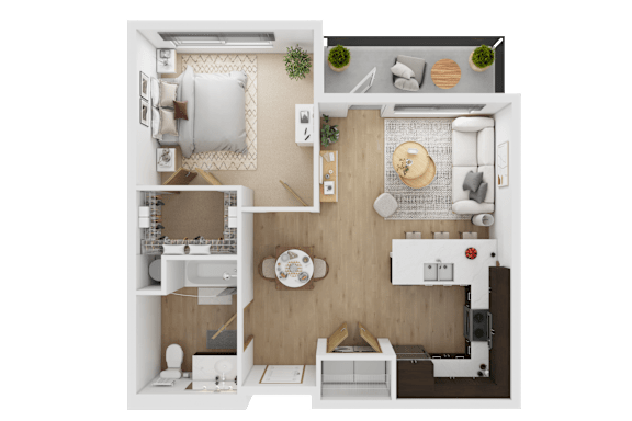 A 3D floor plan of a small apartment with a kitchen, living room, and bathroom  at Spyglass Hill Apartments, Bremerton, 98337