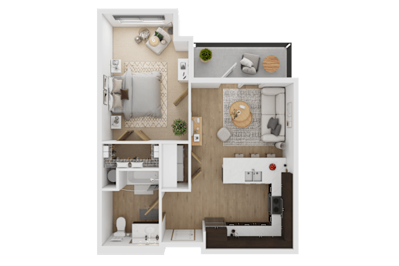A top-down view of a small apartment layout with a kitchen, living room, and bathroom  at Spyglass Hill Apartments, Bremerton, 98337