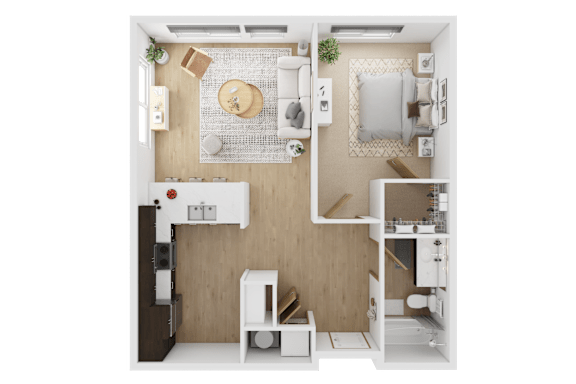 A top-down view of a small, neatly organized apartment with a kitchen, living room, and bathroom  at Spyglass Hill Apartments, Bremerton, 98337