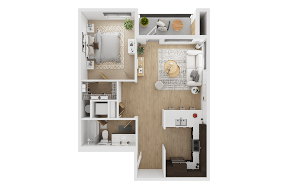 A top-down view of a small apartment with a kitchen, living room, and bathroom  at Spyglass Hill Apartments, Bremerton, 98337