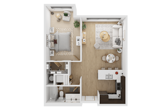 A top-down view of a small apartment with a kitchen, living room, and bedroom  at Spyglass Hill Apartments, Bremerton, 98337