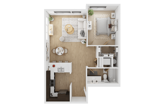 A top-down view of a small, neatly organized apartment  at Spyglass Hill Apartments, Bremerton, 98337