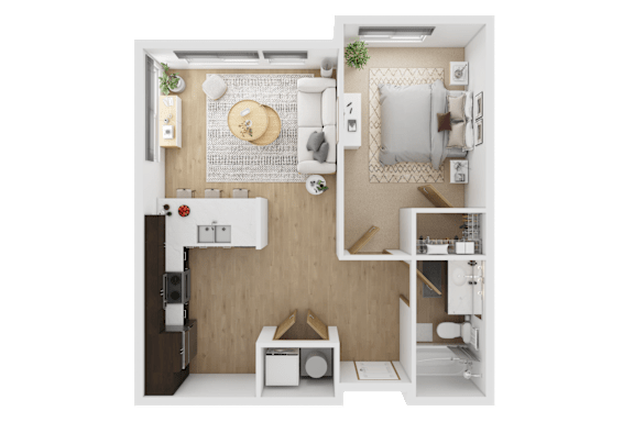 A top-down view of a small, neatly organized apartmenT  at Spyglass Hill Apartments, Bremerton, 98337