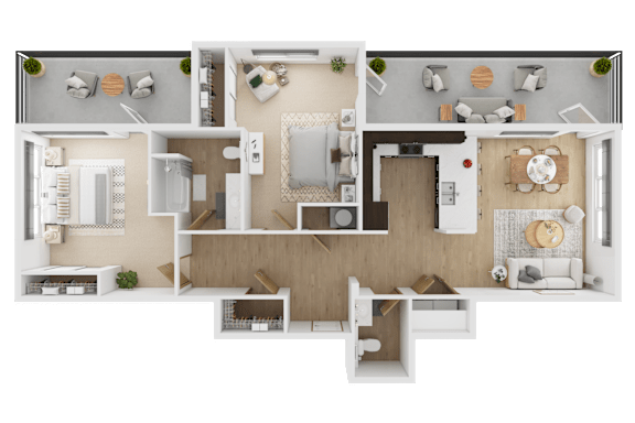 A top-down view of a modern apartment layout with a kitchen, living room, dining area, and bedrooms  at Spyglass Hill Apartments, Bremerton, 98337