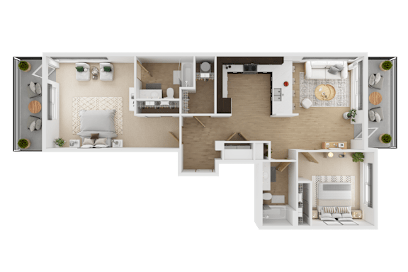 A 3D floor plan of a house with multiple rooms and furniture  at Spyglass Hill Apartments, Bremerton, 98337