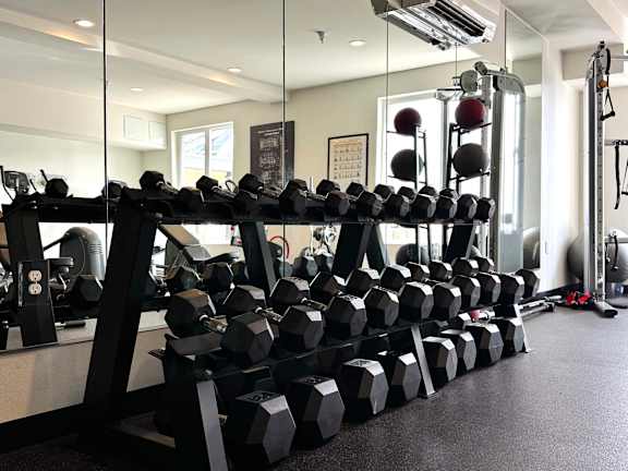A gym with a rack of dumbbells and a mirror.