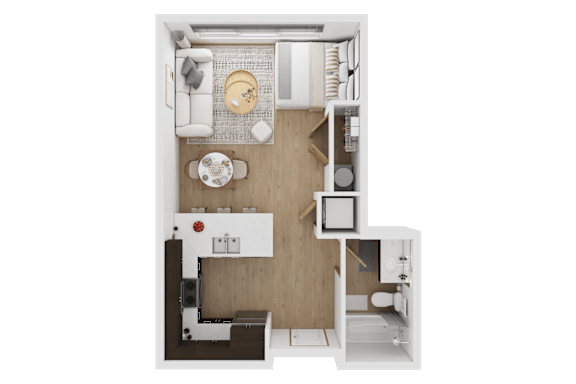 A top-down view of a small, neatly organized apartment  at Spyglass Hill Apartments, Bremerton, 98337