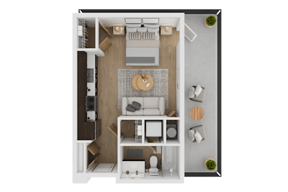 A top-down view of a small, neatly organized apartment with a kitchen, living room, and bathroom  at Spyglass Hill Apartments, Bremerton, 98337