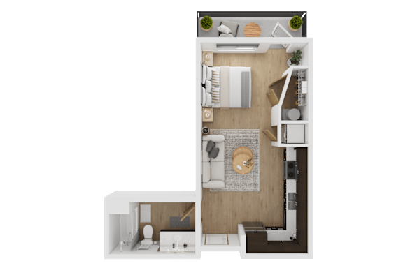 A top-down view of a small apartment with a kitchen, living room, and bathroom  at Spyglass Hill Apartments, Bremerton, 98337