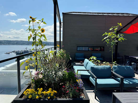 A balcony with a table, chairs and a planter with flowers.