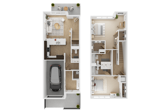 A floor plan of a two-story apartment with a garage and a second bedroom on the second floor  at Spyglass Hill Apartments, Bremerton, 98337