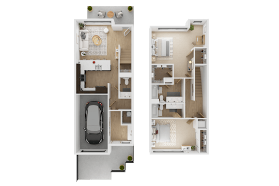 A floor plan of a two-bedroom apartment with a garage  at Spyglass Hill Apartments, Bremerton, 98337