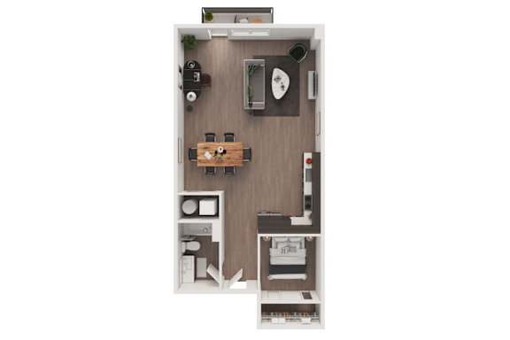 Floor Plan  A top-down view of a small, neatly organized kitchen and living room at B Flats Apartments, Washington