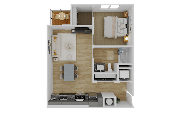 A top-down view of a small apartment with a kitchen, living room, and bathroom.