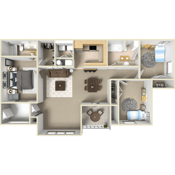 A 3D floor plan of a 3 bedroom, 2 bathroom apartment at Pinnacle Pointe