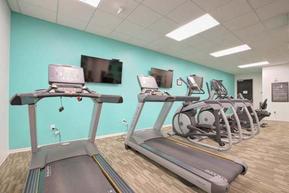 A gym with treadmills and elliptical machines.