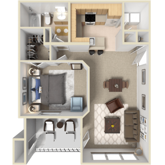 A 3D floor plan of a of one bedroom, one bathroom apartment at Pinnacle Pointe