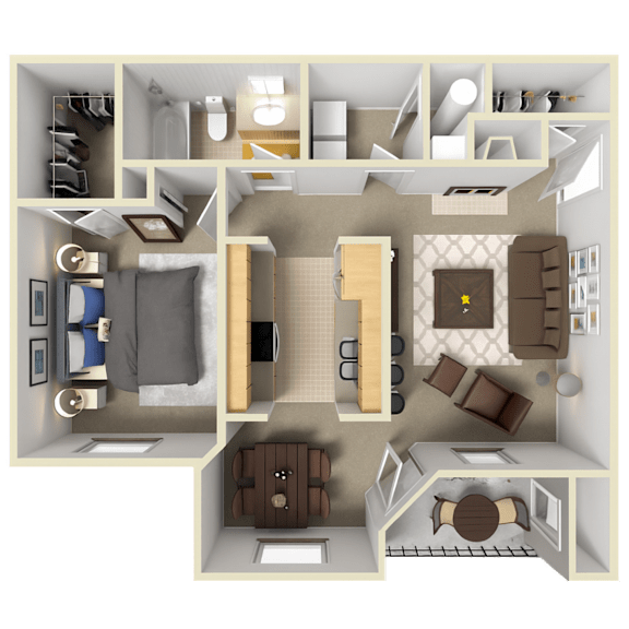 A 3D floor plan of a of one bedroom, one bathroom apartment at Pinnacle Pointe