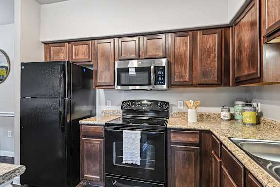 A black refrigerator and oven in a kitchen with brown cabinets.