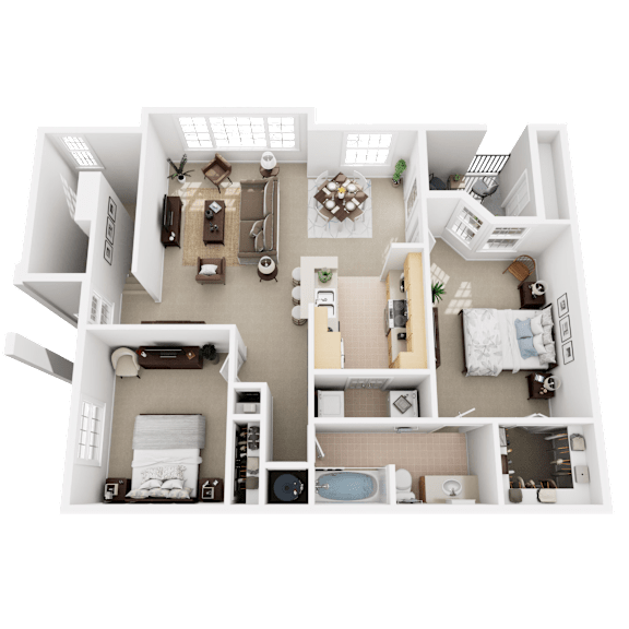 A 3D floor plan of a 2 bedroom, 1 bathroom apartment at Pinnacle Pointe